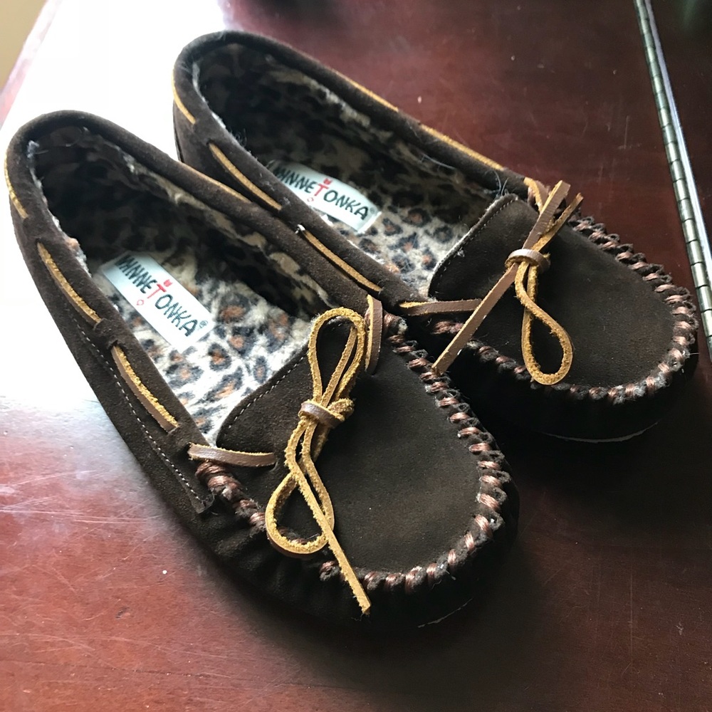 Minnetonka brown, leopard print moccasins.
